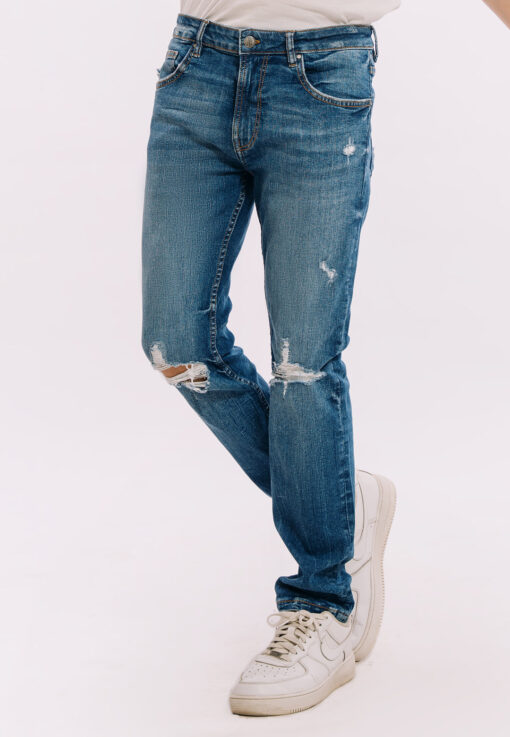 Skinny Fit Ripped Jeans – Mid Blue Wash Style - Image 3