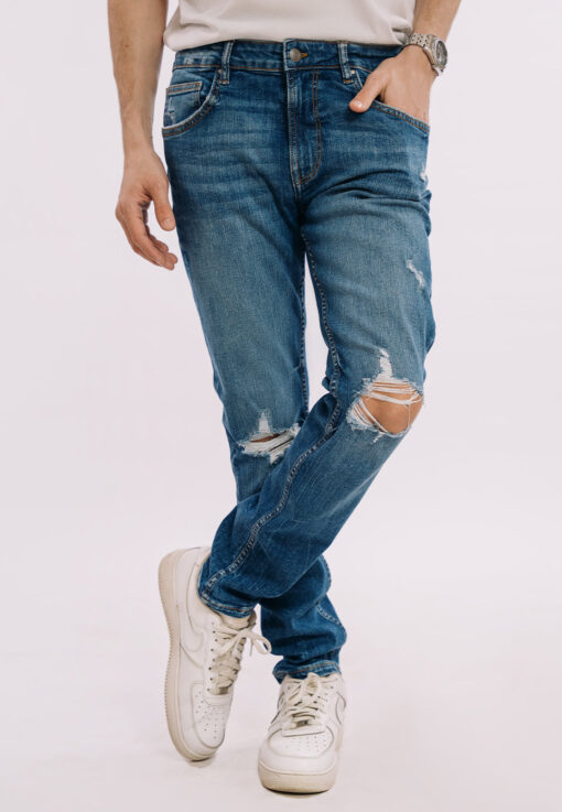 Skinny Fit Ripped Jeans – Mid Blue Wash Style - Image 4